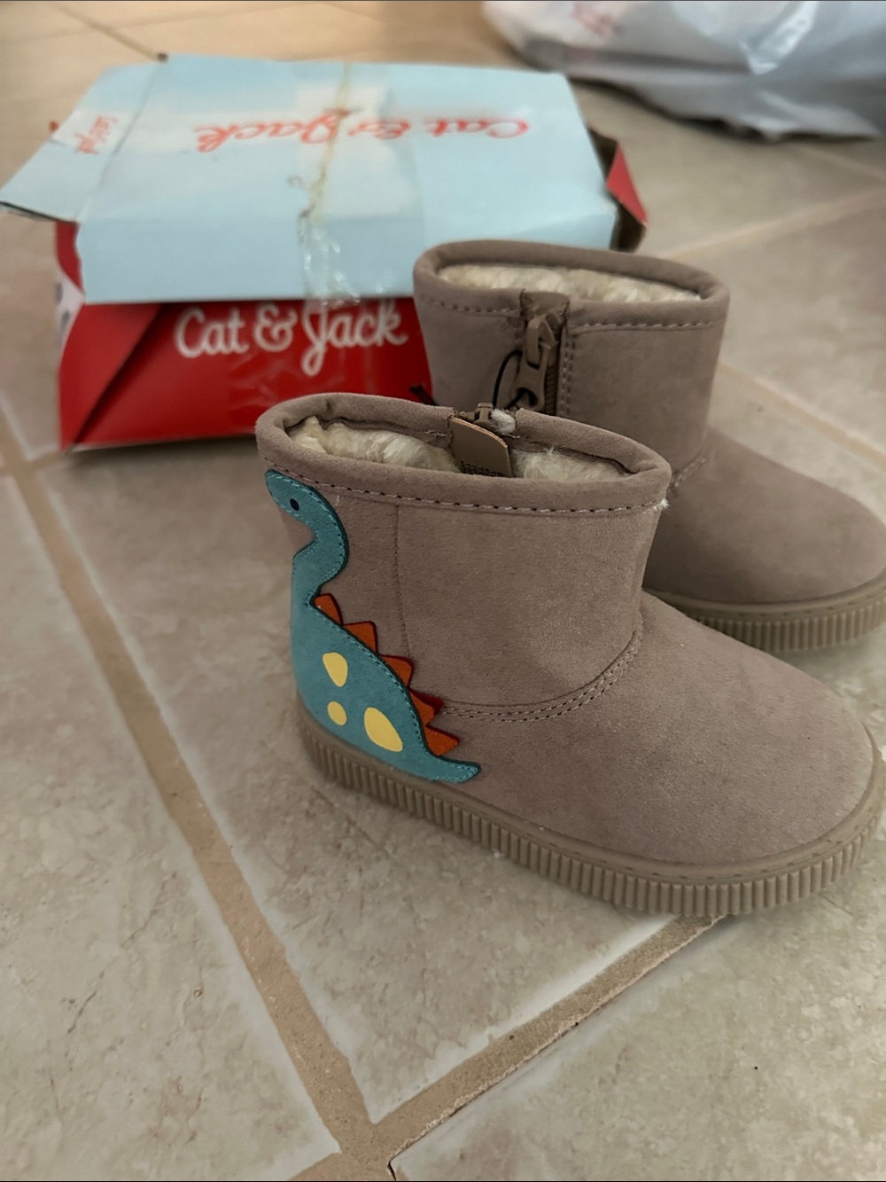 Cat & Jack Taupe Kids Dino Zip Winter Boots